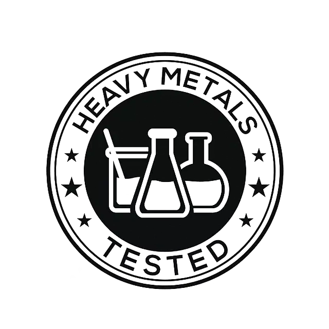 Circular logo with 'Heavy Metals Tested' text and beakers on a white background