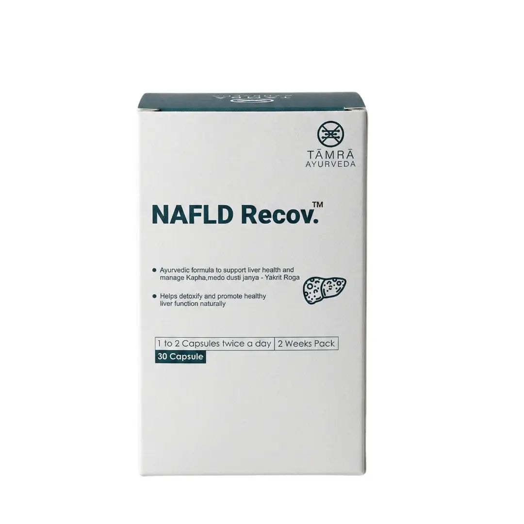 Box of Tamra Ayurveda NAFLD Recov supplement on a white background