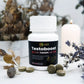 Tamra Testoboost supplement bottle with tablets on a decorative surface with candles and plants.