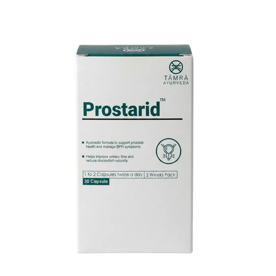 Box of Prostarid capsules by Tamra Ayurveda on a white background