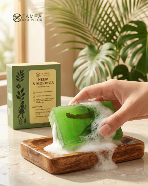 Green soap bar with foam on a wooden dish, Tamra Ayurveda box in the background, with a hand holding the soap.