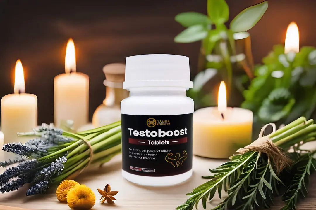 Tamra Testoboost supplement bottle with candles and plants on a wooden surface.