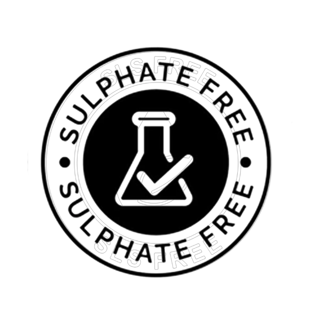 Circular logo with 'Sulphate Free' text and a beaker icon on a white background