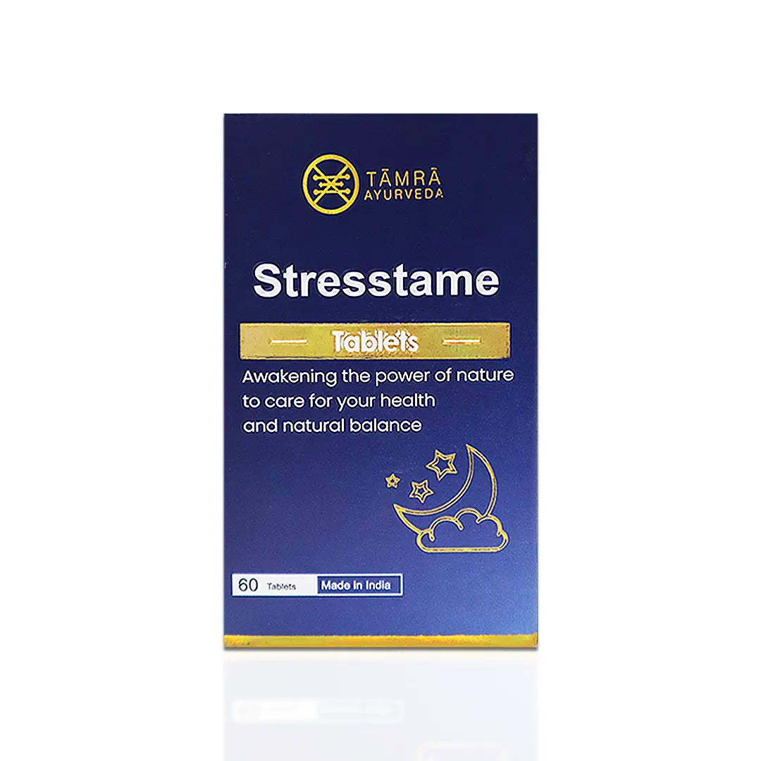 Stresstame tablets packaging by Tamra Ayurveda on a white background