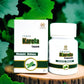 Tamra Karela Capsule packaging and bottle on a wooden stump with green leaves in the background