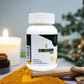 Bottle of Curcumin capsules with turmeric powder and cinnamon sticks on a blurred natural background