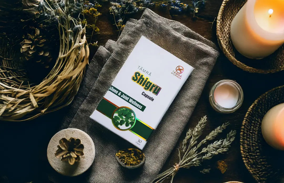 Box of Shigru capsules on a textured surface with candles and herbs
