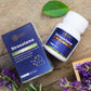 Tamra Ayurveda Stresstame supplement bottle and packaging on a wooden surface.