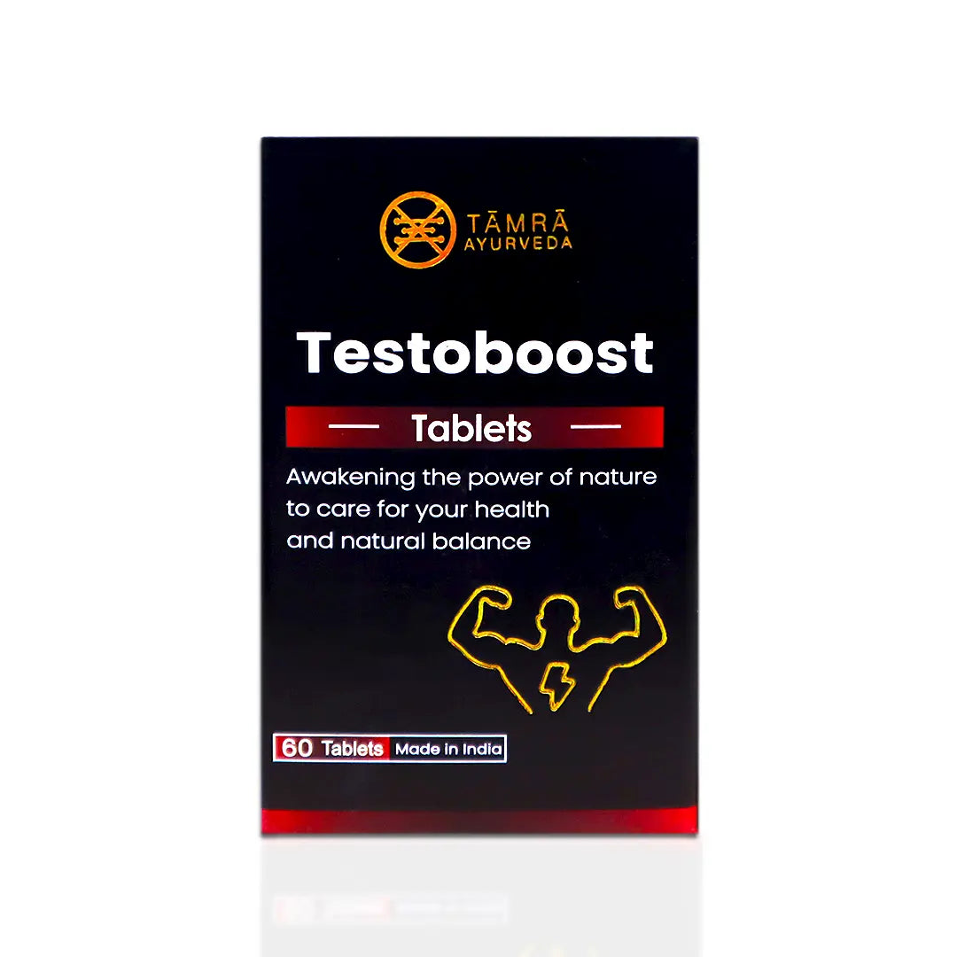 Box of Testoboost Tablets by Tamra Ayurveda on a white background