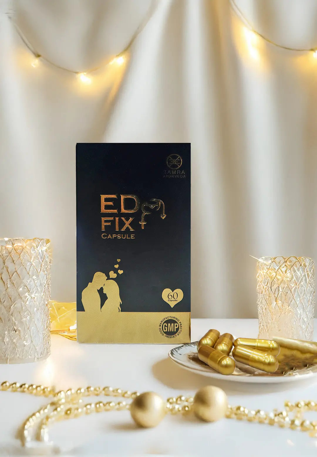 Tamra ED Fix+ capsule packaging with gold elements on a decorative background